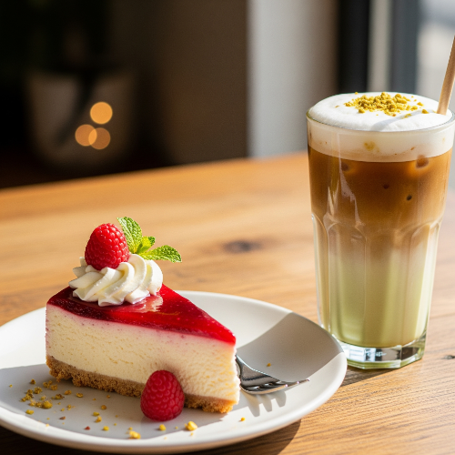Iced Pistachio Latte & Raspberry Cheesecake